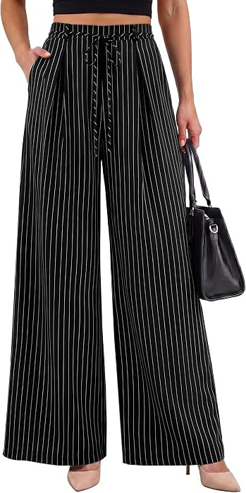 Youtalia Wide Leg Pants for Women Striped Drawstring Back Elastic Waist Trousers Casual with Pockets | Amazon (US)