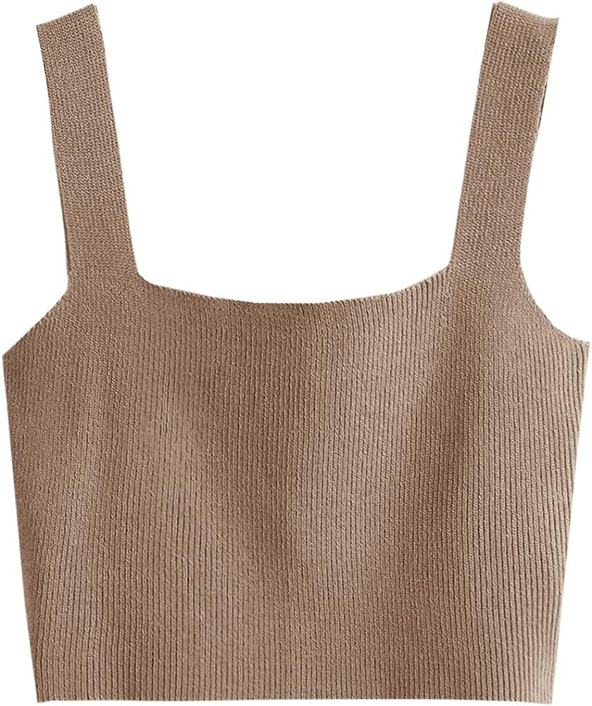 SweatyRocks Women's Sleeveless Solid Knit Straps Crop Tank Tops | Amazon (US)