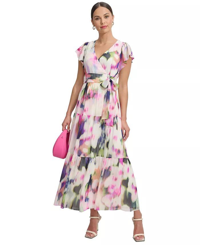 DKNY Women's Chiffon Flutter-Sleeve Tie-Waist Dress - Macy's | Macy's