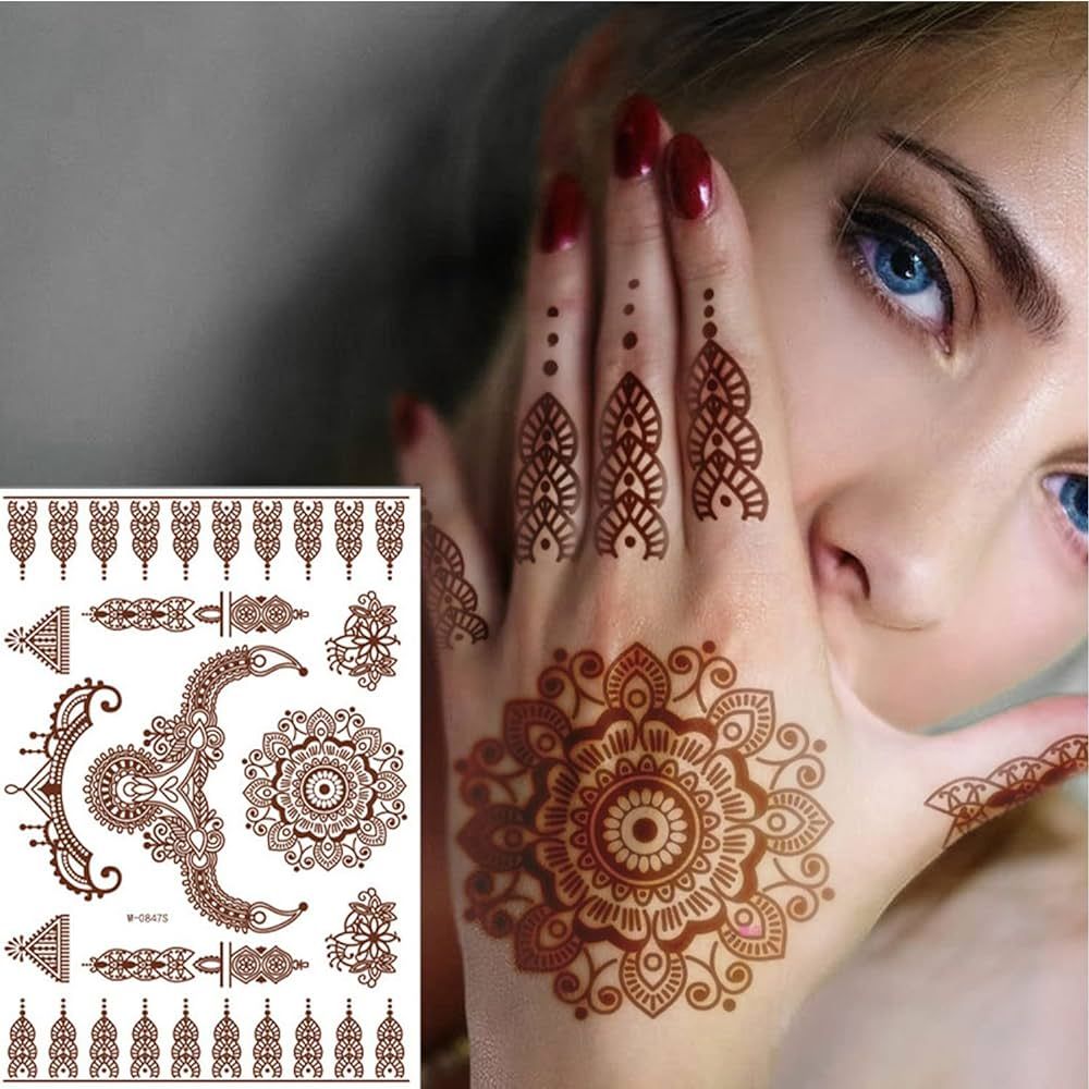 6 Sheets Brown Henna Temporary Tattoo Stickers Lace Pattern Fake Tattoos Mystery Sexy Mandala Flo... | Amazon (US)