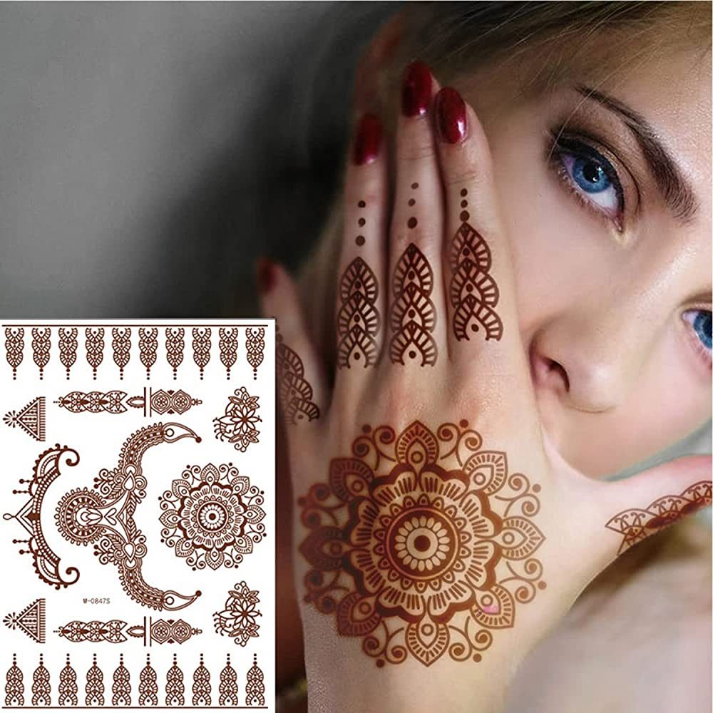 6 Sheets Brown Henna Temporary Tattoo Stickers Lace Pattern Fake Tattoos Mystery Sexy Mandala Flo... | Amazon (US)