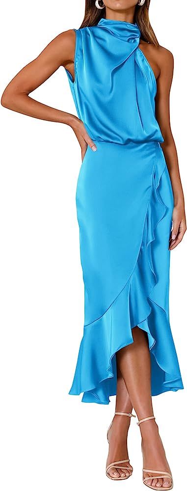 KIRUNDO Womens 2024 Summer Satin Mock Neck Party Cocktail Midi Dress Sleeveless Wrap Ruffle Merma... | Amazon (US)
