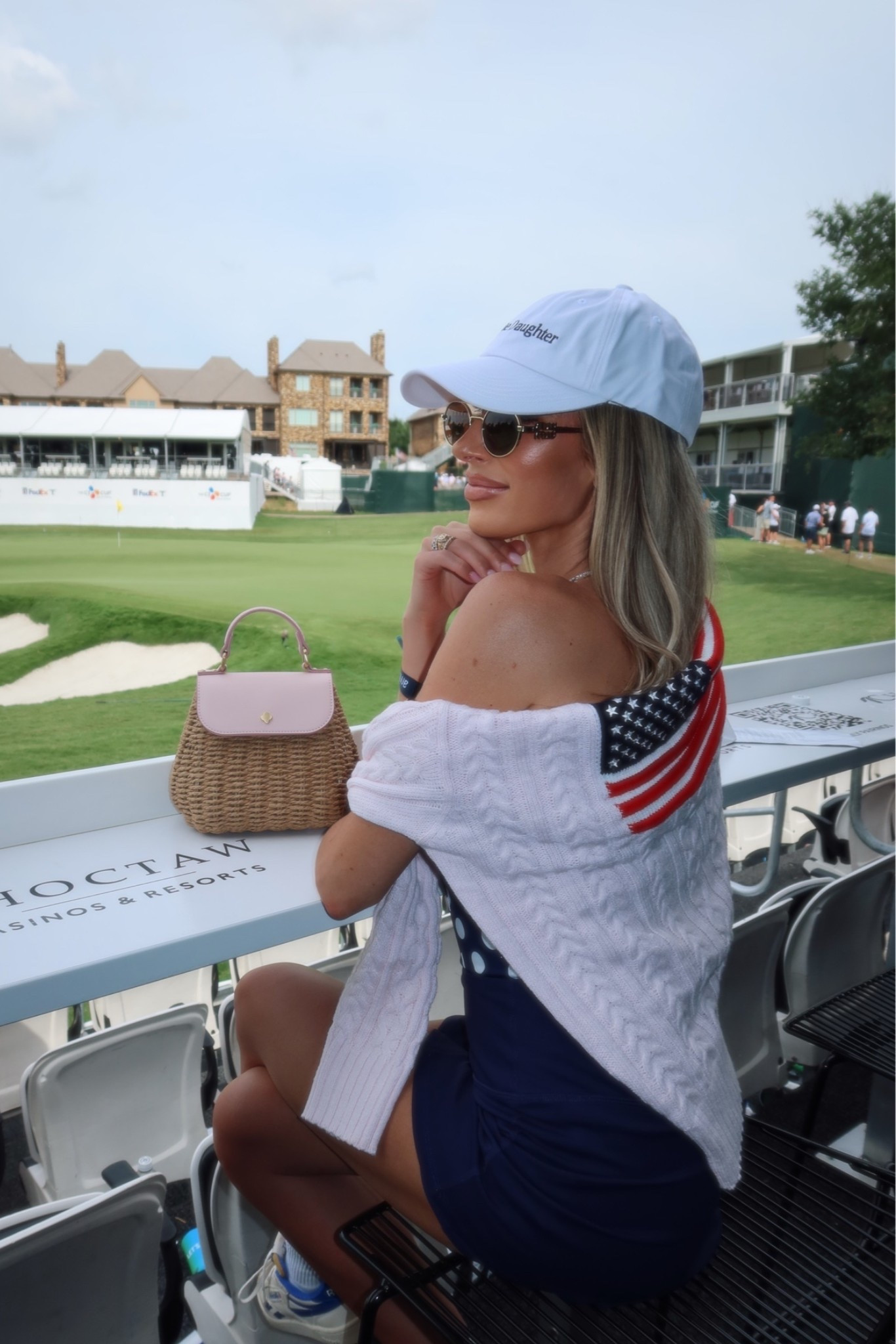 Ootd for Byron Nelson golf tournament! ⛳️  obsessed with this baby pink flag sweater from @Target 

Outfit inspo. Outfit idea. Patriotic outfit. Style inspo. Summer outfit.

#LTKootd