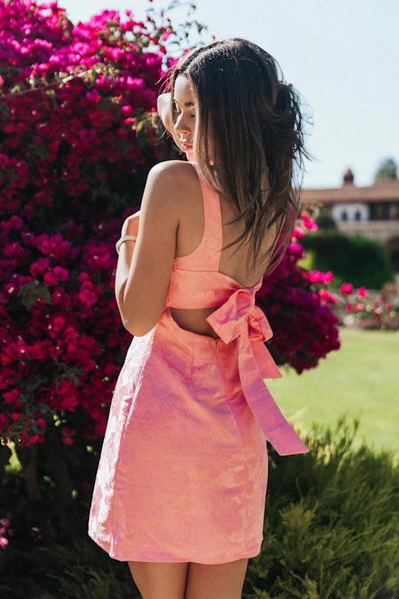Perfectly Flirtatious Pink Floral Jacquard Tie-Back Mini Dress | Lulus