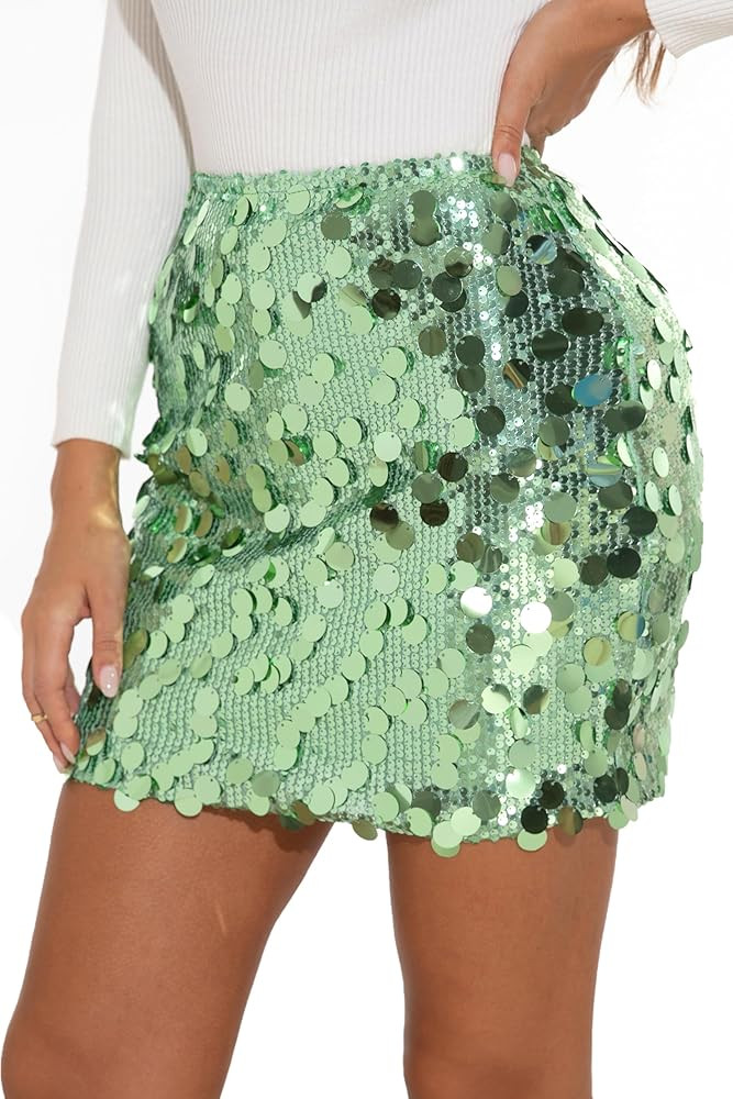 Sequin Skirt for Women-Stretchy Bodycon Night Out Party Shine Sparkly Mini Skirts | Amazon (US)