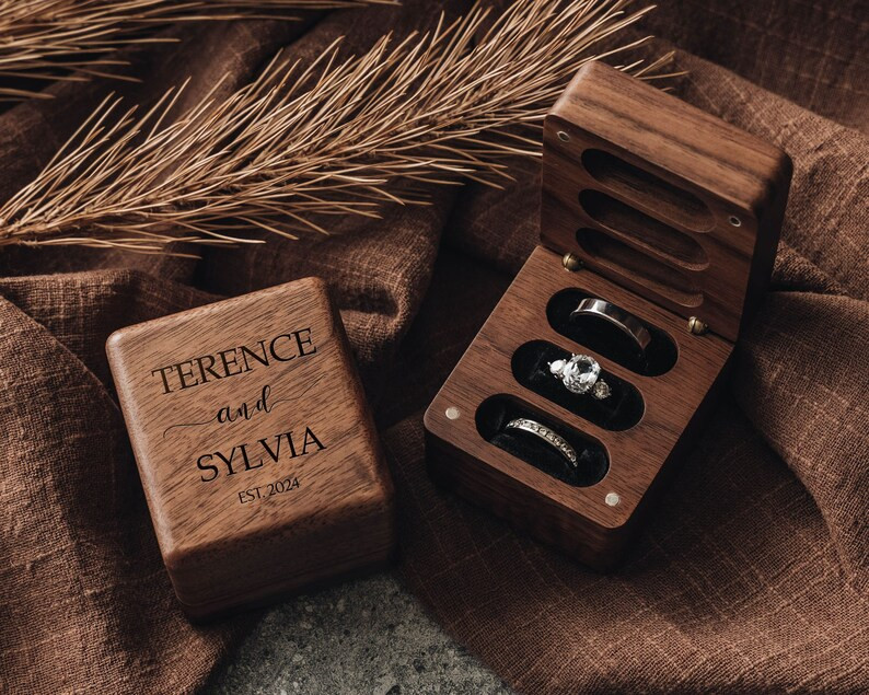 Personalized Wood Ring Box Holder Triple Wooden Ring Box Wedding Ceremony Square Engagement Ring ... | Etsy (US)