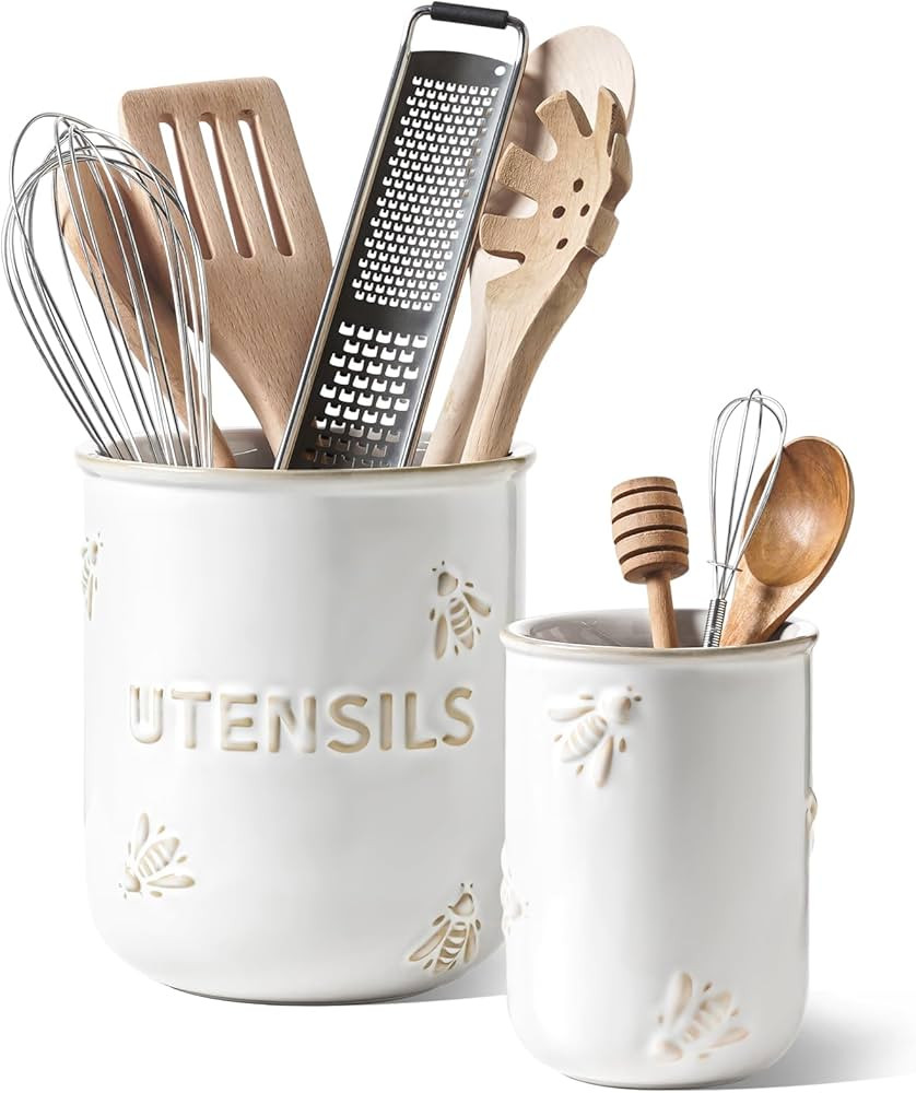 LE TAUCI Utensil Holder, 6.9"+5.3" Ceramic Kitchen Utensil Holder for Countertop - Embossed Utens... | Amazon (US)
