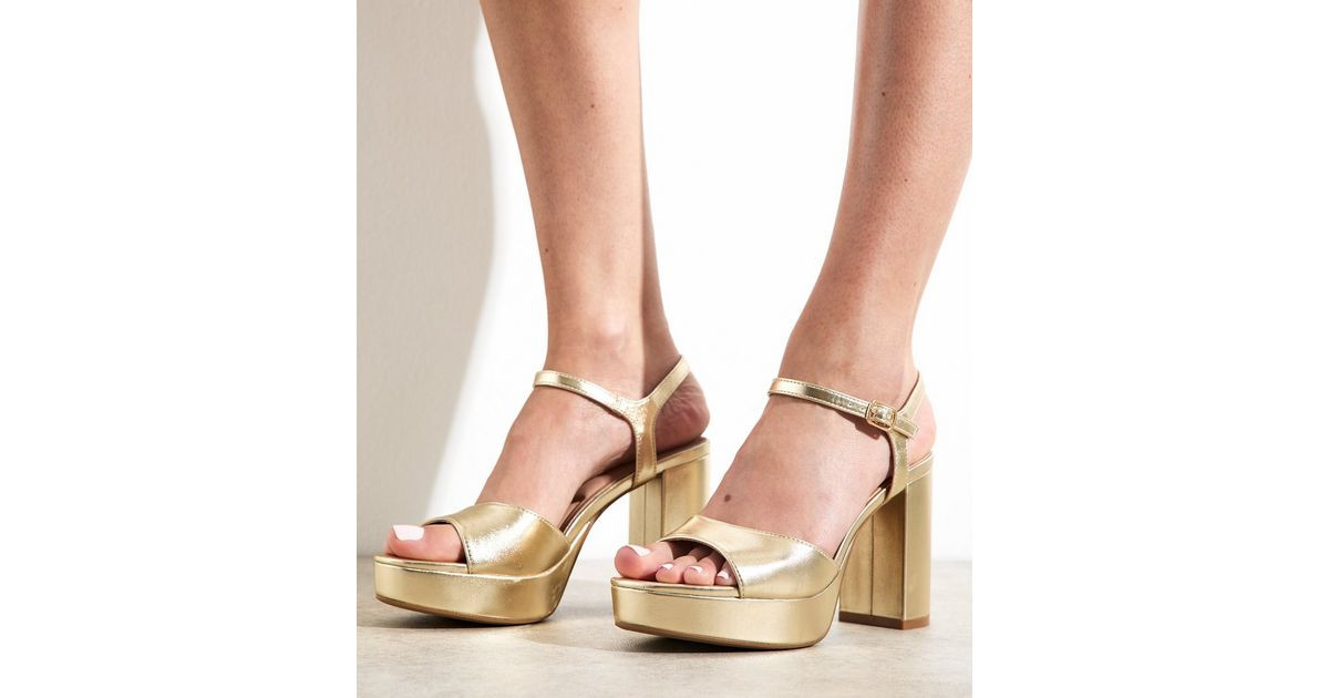 Gold Faux Leather Platform Sole Block Heel Sandals | New Look | New Look (UK)