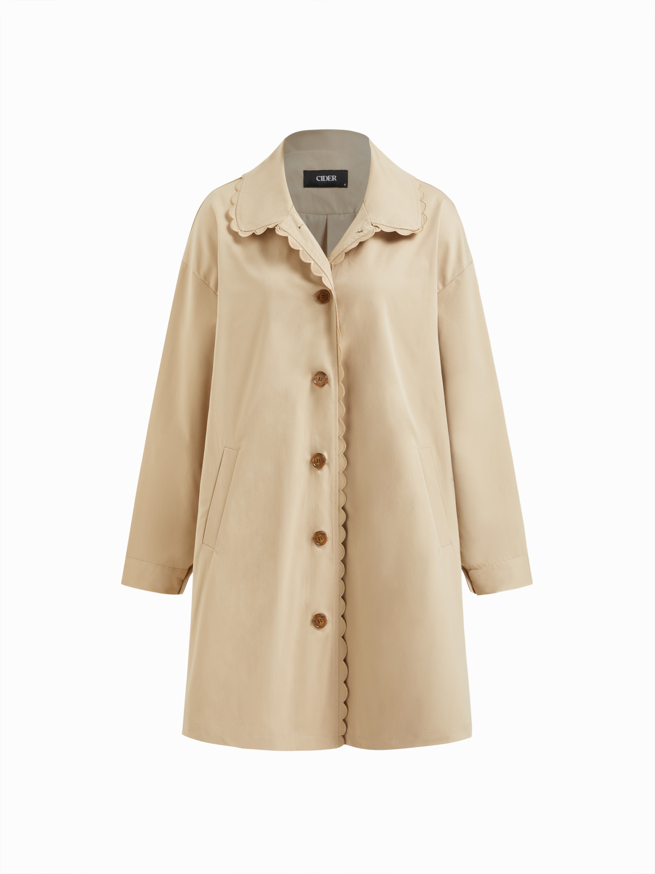 Woven Collar Button Lettuce Trim Oversized Trench Coat For Daily Casual | Cider