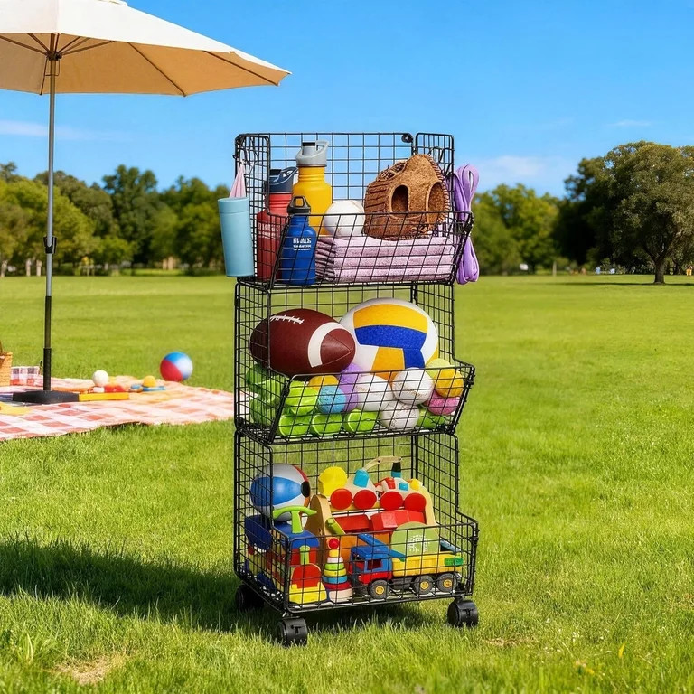 Outdoor Toy Storage Basket, Play Kitchen Organizer with 5 S-Hooks,3 Tier Rolling Storage Cart Gar... | Walmart (US)