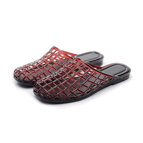 NHBEOEN Women's Jelly Mesh Flat Slides Sandals Casual Comfortable Closed Round Toe Slip On Transparent Mules for Summer Daily Vacation Beach Jelly Slippers (Brown,9) | Amazon (US)