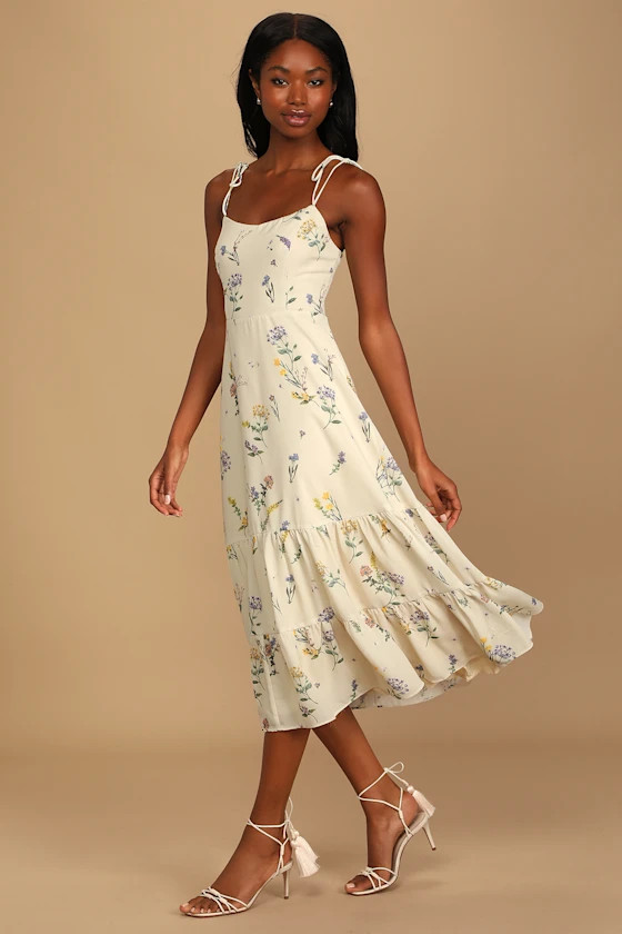 Started With a Kiss Beige Floral Print Tie-Strap Tiered Dress | Lulus