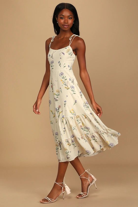 Started With a Kiss Beige Floral Print Tie-Strap Tiered Dress | Lulus (US)
