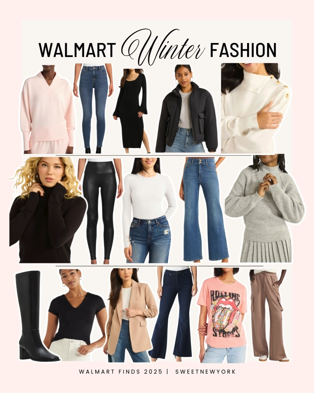 Walmart Winter Fashion Finds! Affordable wardrobe pieces that are great to mix and match to create different outfits -walmart finds, walmart fashion, walmart style, affordable fashion, winter outfits, winter sweaters, blazers, flare jeans, wide leg jeans, leather leggings, graphic tees, budget friendly fashion 

 

#LTKSeasonal #LTKFindsUnder50 #LTKStyleTip