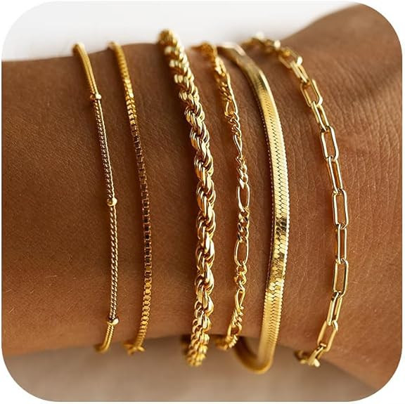 DEARMAY 14K Gold Plated Bracelets for Women Waterproof, Jewelry Sets Trendy Thin Dainty Stackable... | Amazon (US)