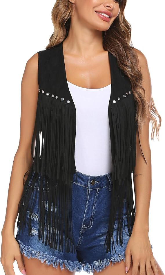 HOTLOOX Women Tassel Vest 70s Hippie Faux Suede Rivets Sleeveless Fringe Jacket S-XXL | Amazon (US)