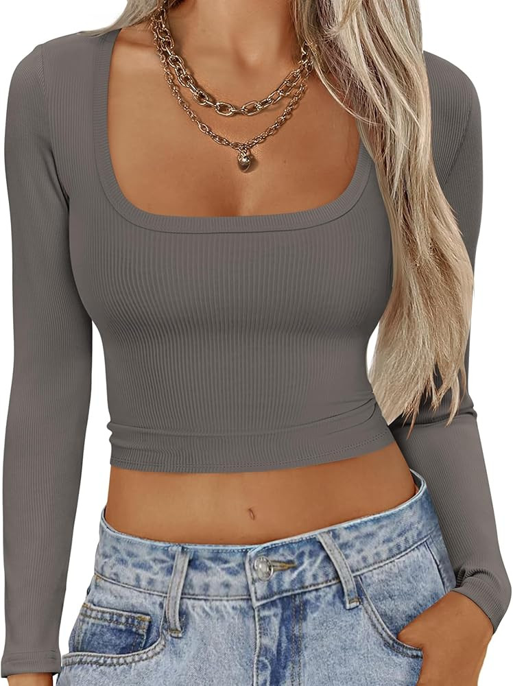 Ekouaer Womens Long Sleeve Square Neck Crop Top Ribbed Slim Fitted Going Out Y2K Tops Casual Basi... | Amazon (US)