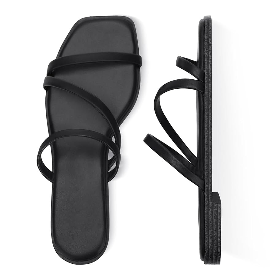 LACUONE Strappy Flat Sandals For Women Slip On Square Open Toe Slides Sandals | Amazon (US)