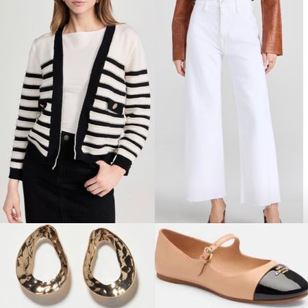 Stripe cardigan x white jeans and a color block flat for a classy outfit 