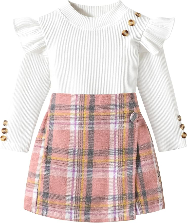 Toddler Girl Clothes,Girls Outfits Long Sleeve Ruffle Button Tops + Plaid Skirt Shorts + Hat 3Pc ... | Amazon (US)