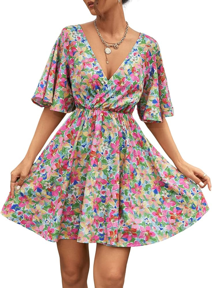 Floerns Women's Ditsy Floral Plunge Neck Knot Front A Line Short Dress | Amazon (US)