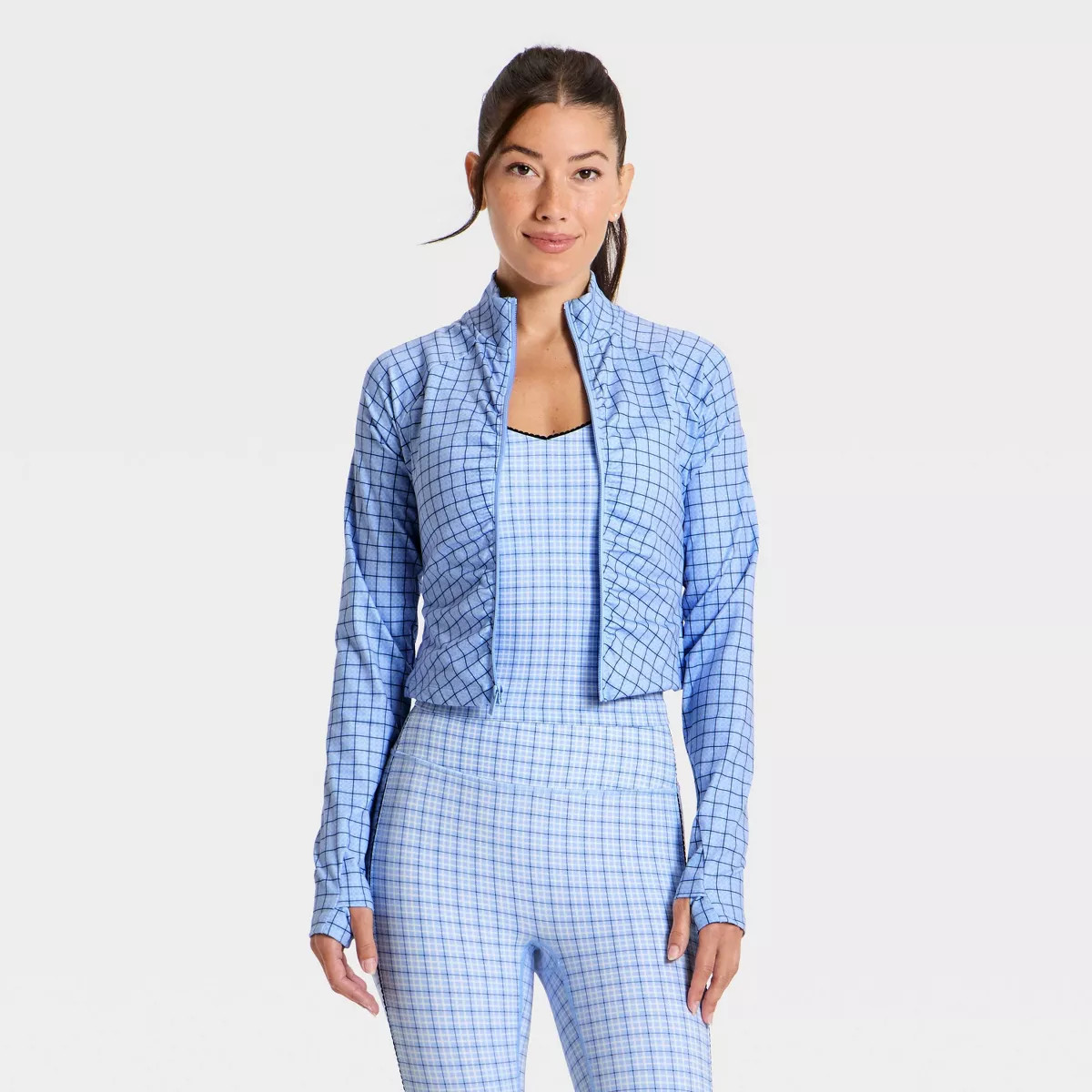 Women's Ruched Knit Full-Zip Jacket - All In Motion™ Light Blue Plaid M | Target
