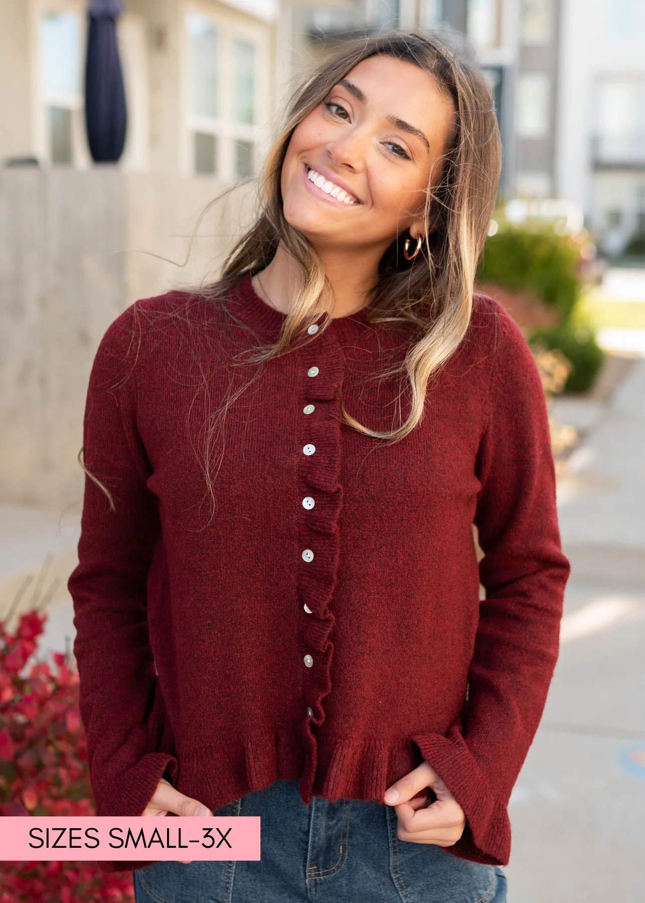 Harper Burgundy Ruffle Cardigan | My Sister's Closet Boutique