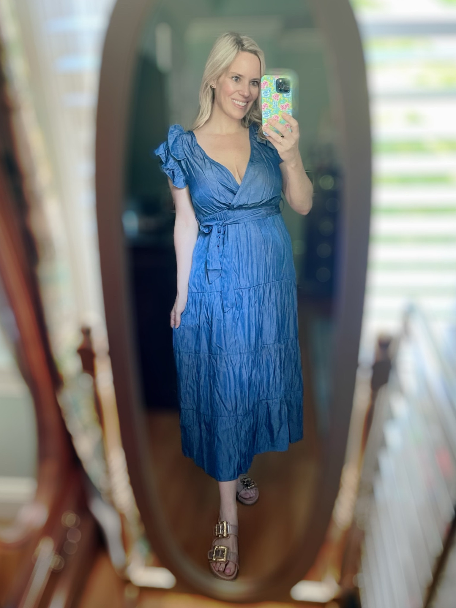 Denim style ruffle belted midi dress 

#LTKFindsUnder100 #LTKOver40 #LTKFindsUnder50
