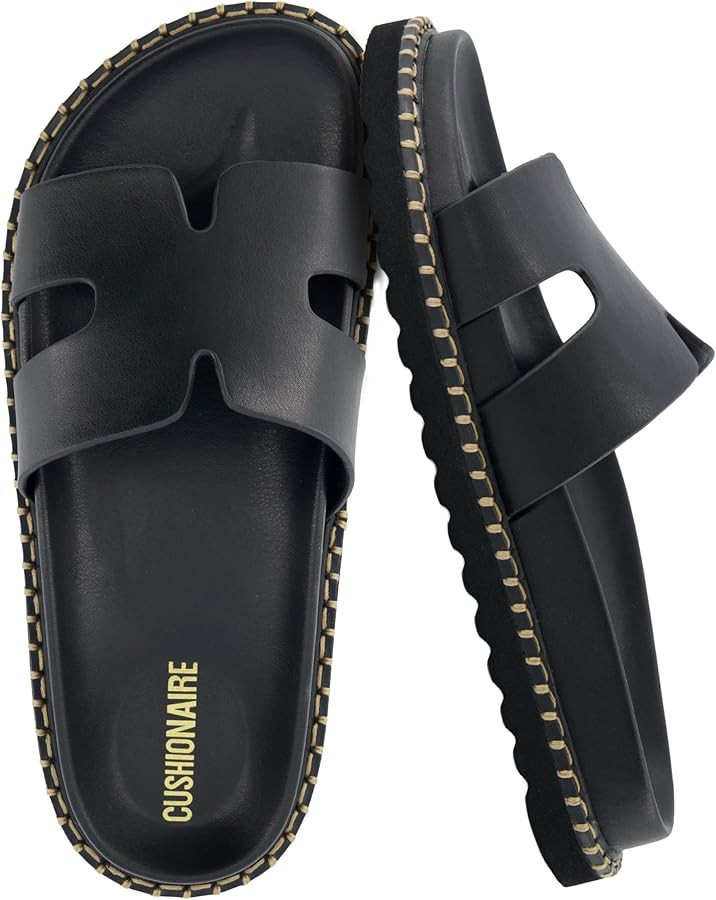 CUSHIONAIRE Crisp Women\u2019s Slide Sandal \u2013 Faux Leather Cutout Slip-On with Artisan Stitc... | Amazon (US)