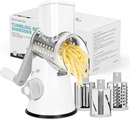 X Home Rotary Cheese Grater for Kitchen, Shredder with 3 Interchangeable Blades, Rotary Grater with Handle and Strong Suction Base, for Vegetables, Fruit, Nuts, Easy to Use and Clean, White | Amazon (US)