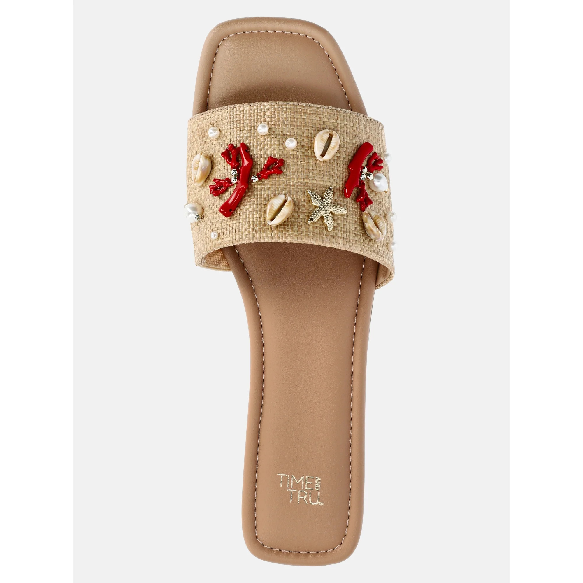 Time and Tru Women's Raffia Shell Slide Sandals - Walmart.com | Walmart (US)