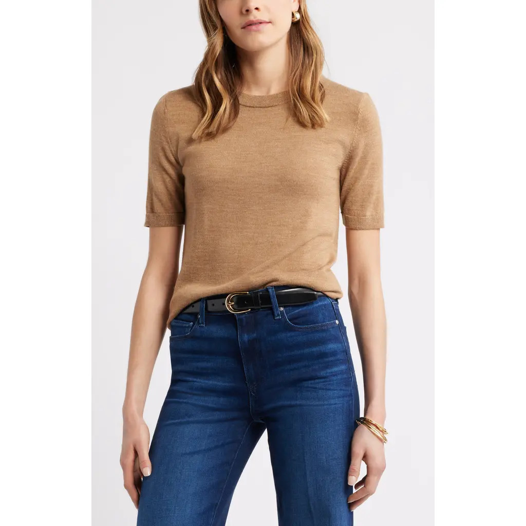 caslon(r) Short Sleeve Merino Wool Blend Sweater Top in Tan Camel Dark Heather at Nordstrom, Size Xx-Small | Nordstrom