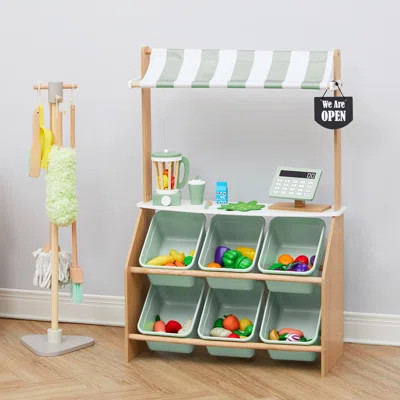 Teamson Kids Little Helper Farmer’s Market Prentend Play Stand with Storage Bins, Awning & Accessories | Wayfair North America