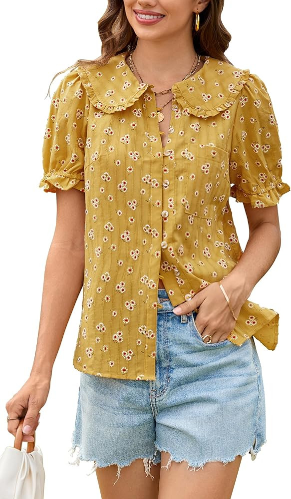ECOWISH Women's Button Up Shirt - Peter Pan Collar Frilled Short Sleeve Summer Tops Casual Cotton... | Amazon (US)