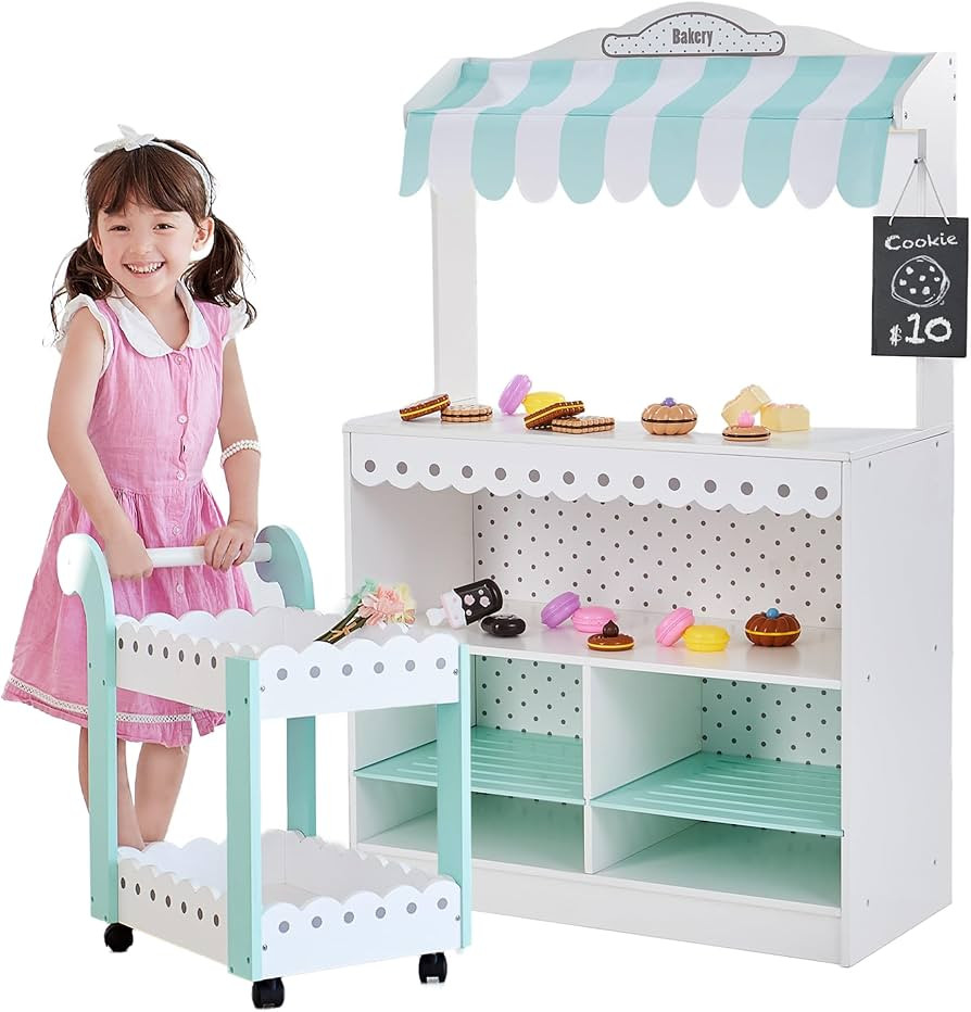 Teamson Kids My Dream Bakery Shop Dessert Stand and Rolling Pastry Cart Interactive Wooden Play S... | Amazon (US)
