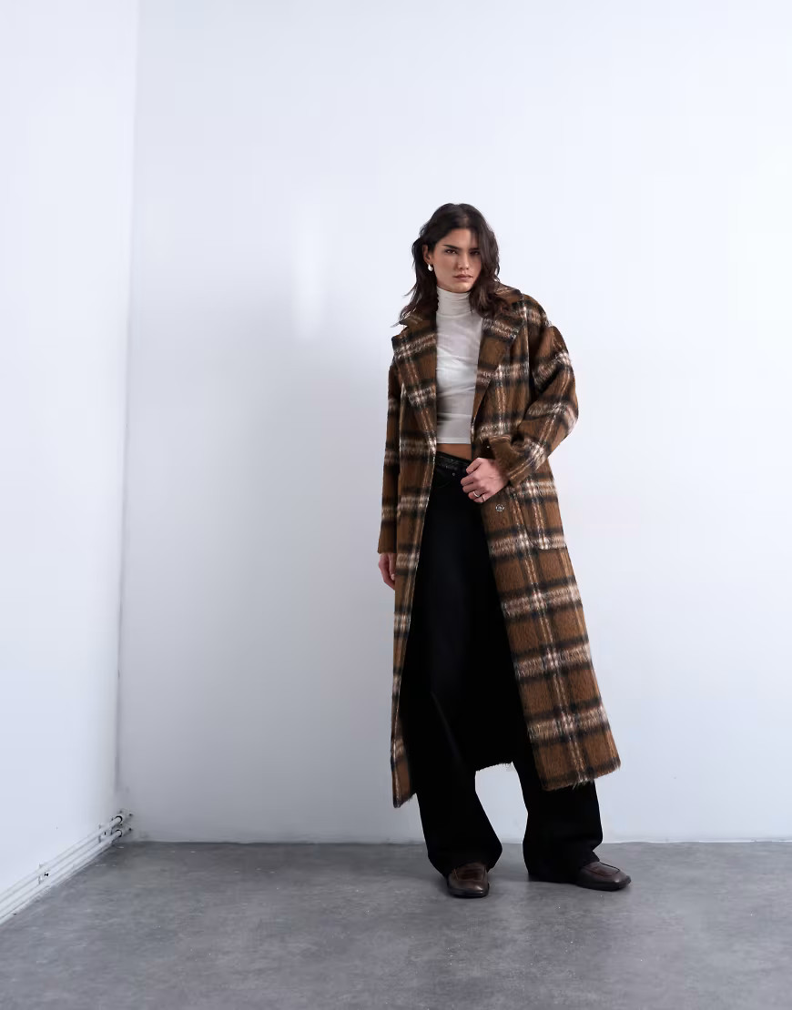 Topshop brushed formal coat in brown plaid | ASOS (Global)