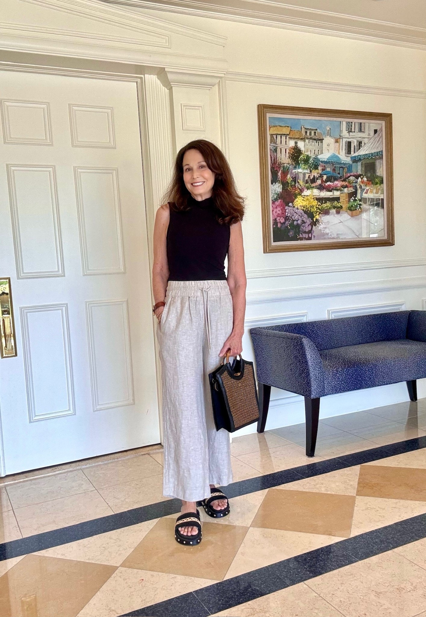 Easy classic summer outfit 

Quince Linen Pants- true to size 
Black Tank - linked a few different price points. Mine is from Evereve 
Eric Javits Purse 

#LTKStyleTip #LTKSaleAlert