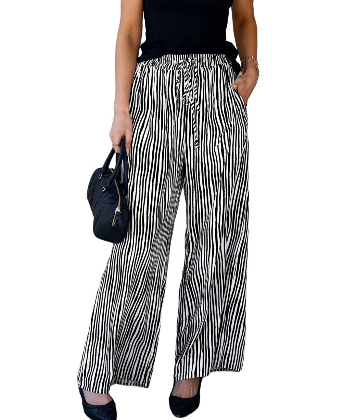 Cupshe Women's Black & White Stripe Drawstring Waist Wide Leg Pants - Black | Macy's