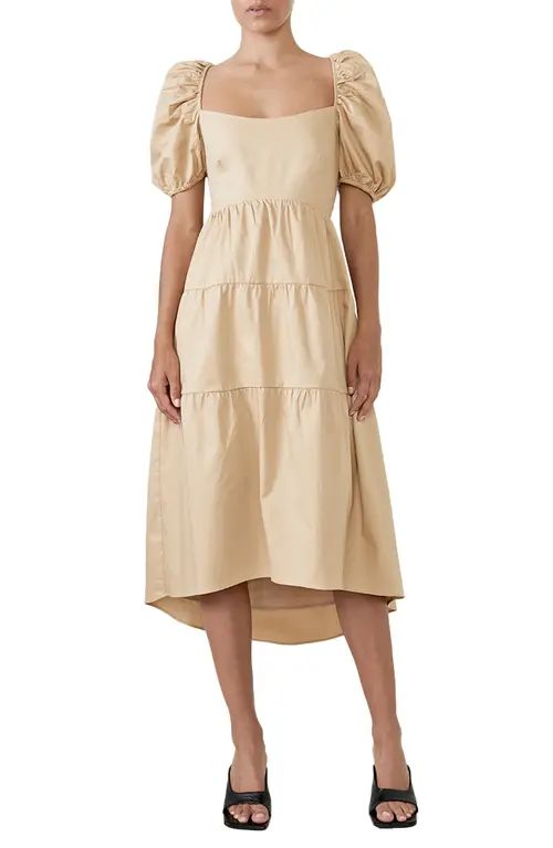 Bardot Tiered Bow Back Midi Dress in Soft Camel at Nordstrom, Size X-Small | Nordstrom