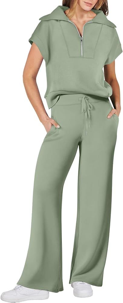 Caracilia Womens 2 Piece Outfits Sweatsuit Half Zip Lapel Collar Short Sleeve Sweatshirt Wide Leg... | Amazon (US)