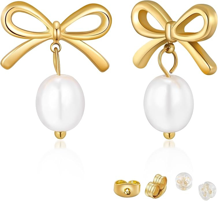 Bow Earrings 18K Gold Plated Pearl Earrings for Women Trendy Knot Pearl Bow Stud Earrings Jewelry... | Amazon (US)