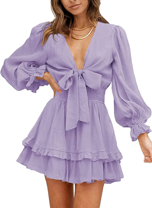 Dokotoo Womens 2022 Fall Deep V Neck Knotted Tiered Chiffon Elegant Mini Short Swing Skater Dress... | Amazon (US)