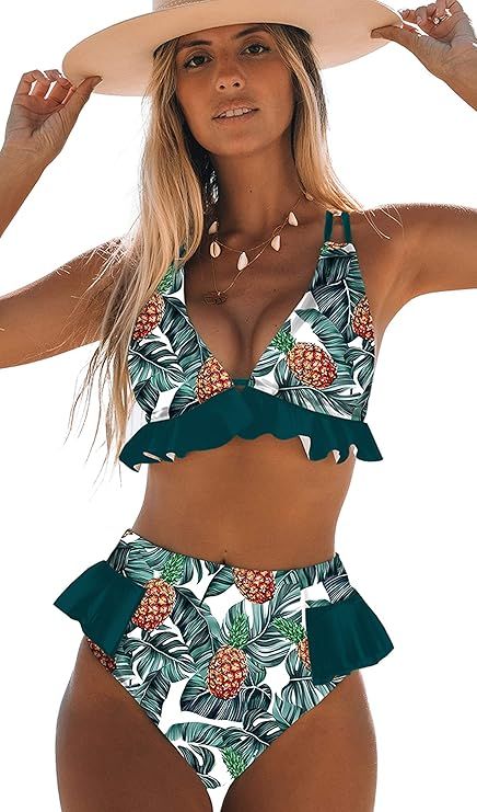 Sporlike Women High Waisted Swimsuit Ruffle V Neck Bikini Two Pieces Swimwear | Amazon (US)