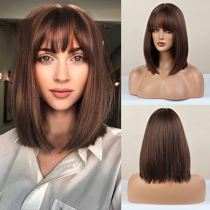 HAIRCUBE Bob Brown Wig with Bangs Short Brown Wigs for Women Shoulder Length Natural Straight Syn... | Amazon (US)