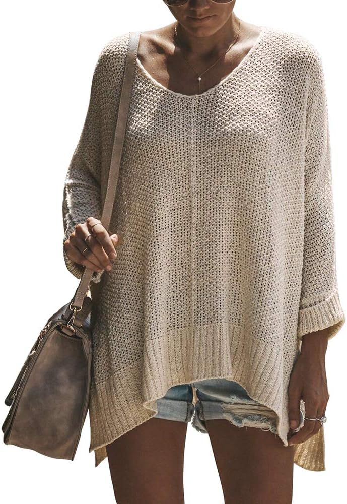 Women's Casual V Neck Loose Oversized Pullover Sweater High Low Knitted Jumper | Amazon (US)