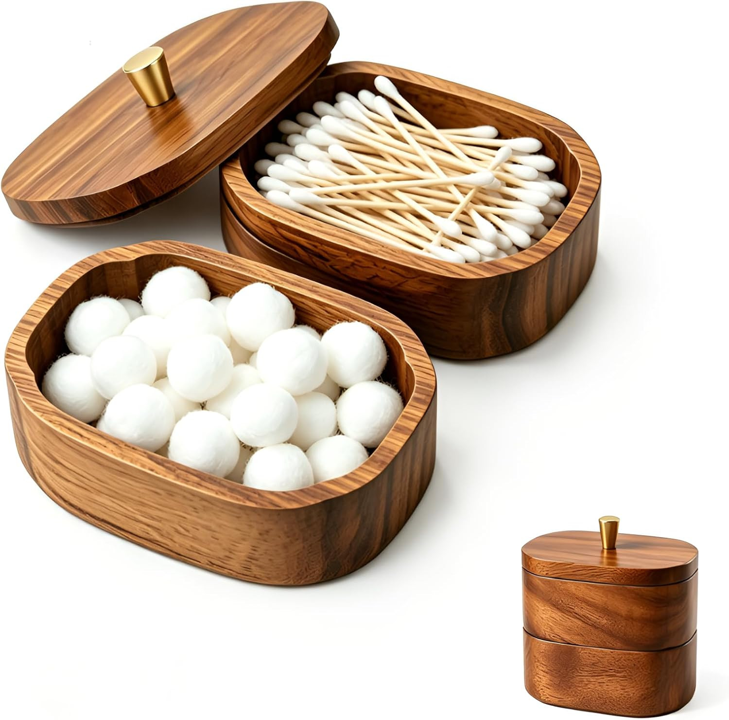 Acacia Wood Qtip Holder for Cotton Swabs, Balls, Pads, Floss Picks - Bathroom Jars with Lids Double-Layer Bathroom Canisters, Bathroom Essentials Accessories Decor, Vanity Makeup Storage Organizer | Amazon (US)
