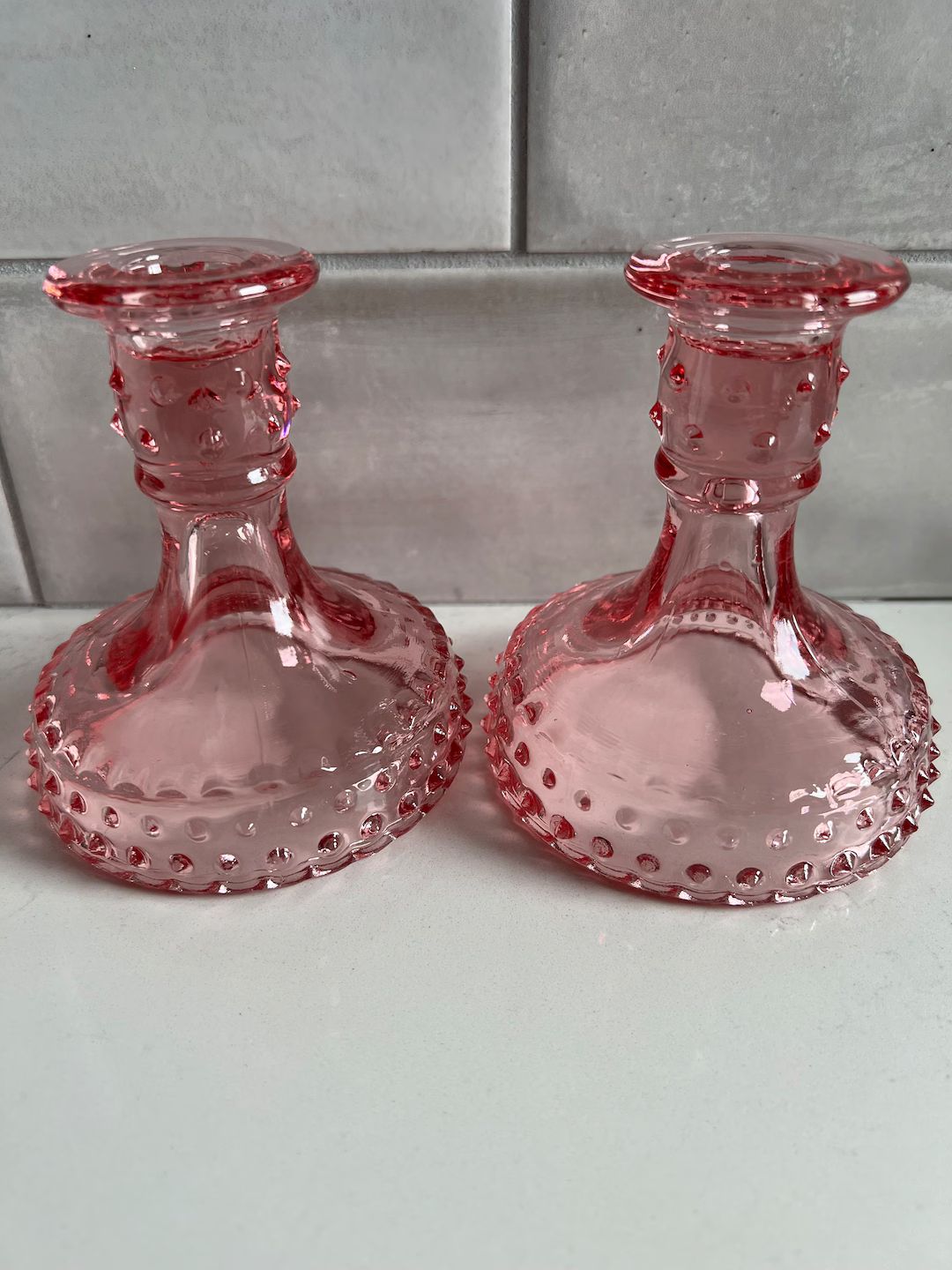 Vintage Pair of Smith Glass, L E Smith Pink Hobnail Candleholders 1960's - Etsy | Etsy (US)