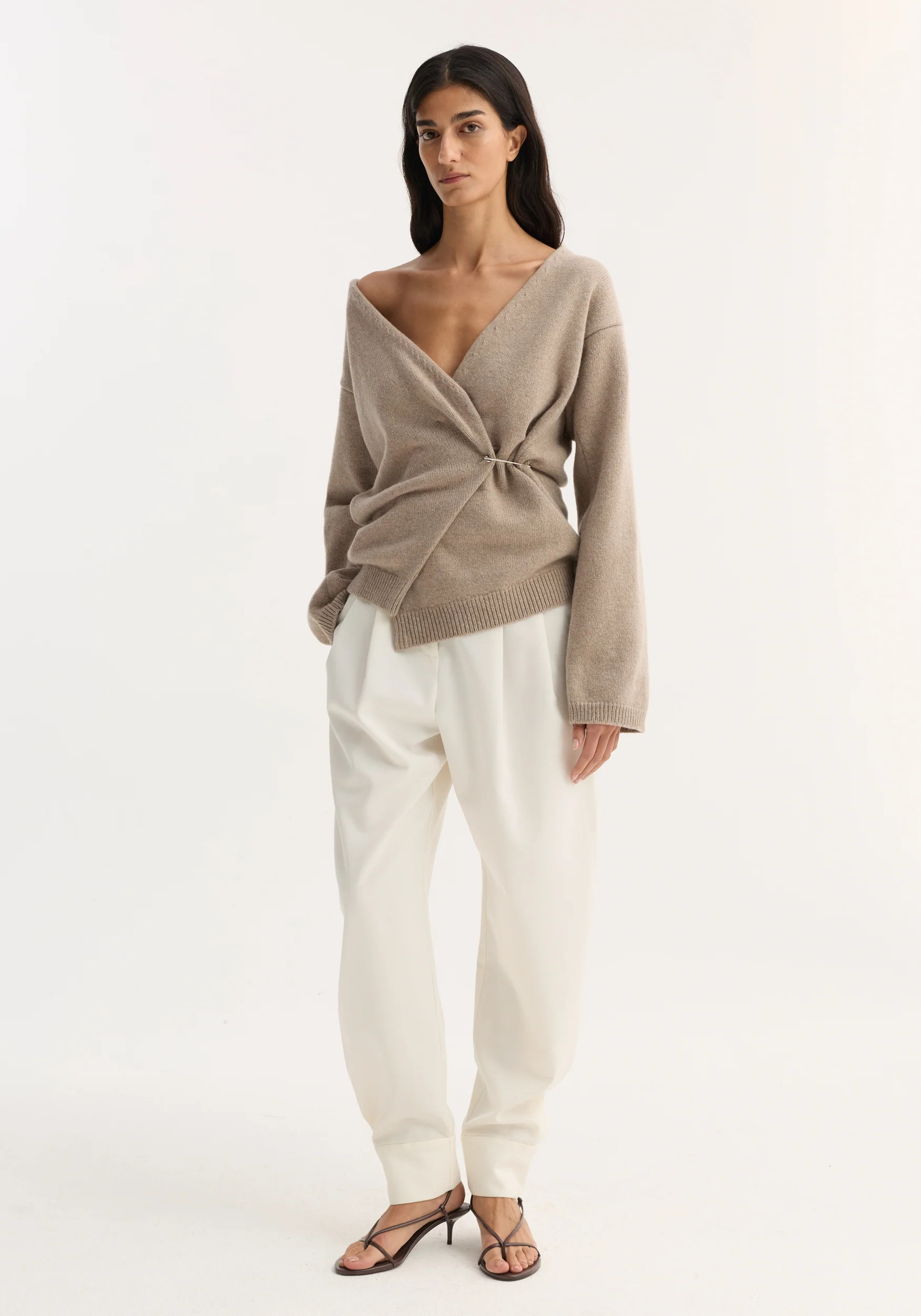 off-shoulder wrap cardigan | light taupe | Rohe