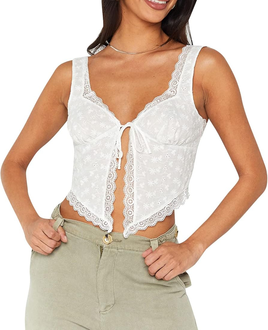 Women Y2K Plaid Floral Camis Cutout Tie Up Lace Sleeveless Tank Tops Summer Backless Vest Crop To... | Amazon (CA)
