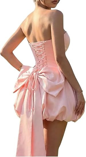 Womens Strapsless Bubble Mini Dress Back Lace Up Cute Bow Tie Cocktail Party Homecoming Prom Dres... | Amazon (US)